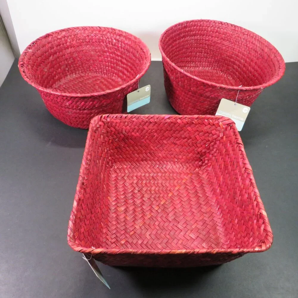 Cranberry Red (3) Woven Baskets NWT 1 square 2 round Christmas Organic Modern